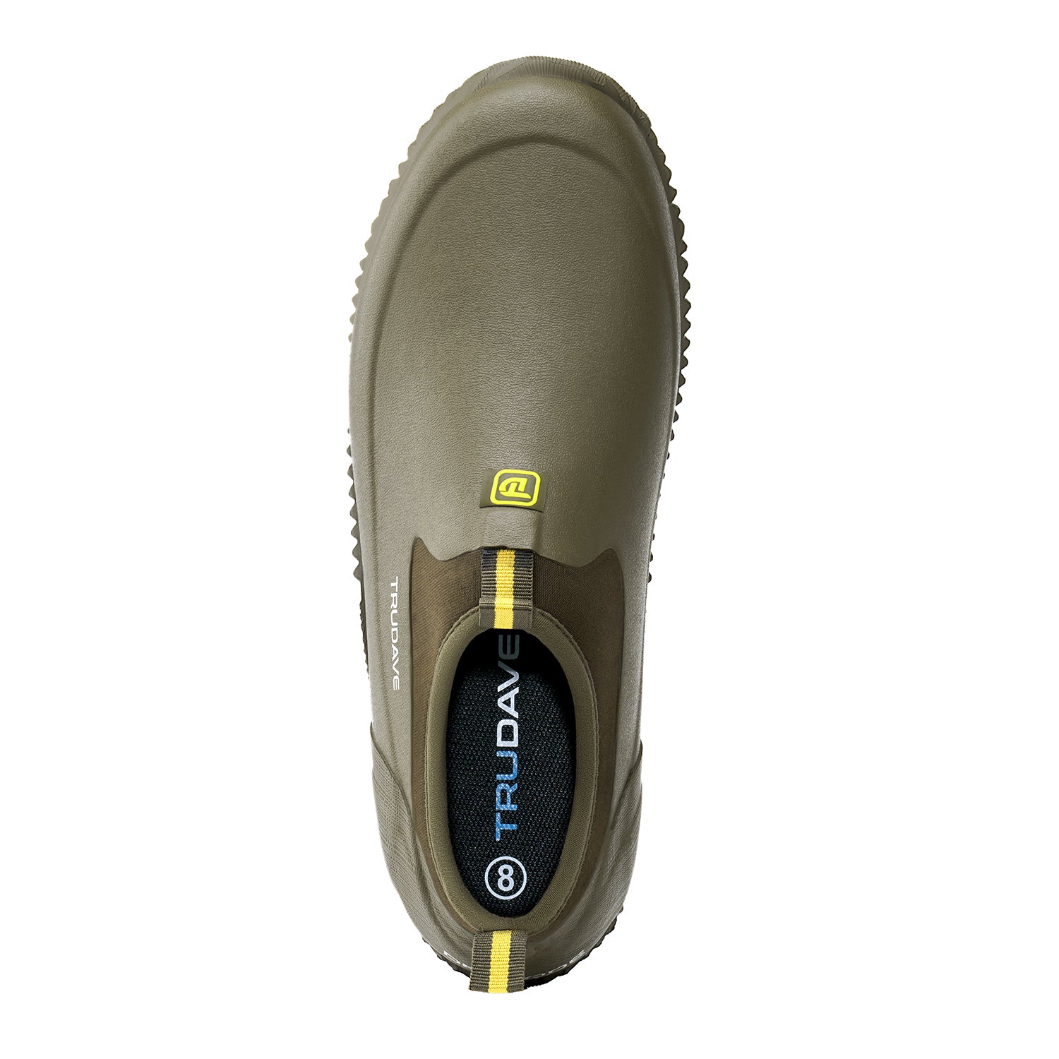 Top view of Trudave GardenStride Series waterproof rubber garden boots in olive green – overhead angle showing durable construction and spacious opening for easy slip-on gardening use